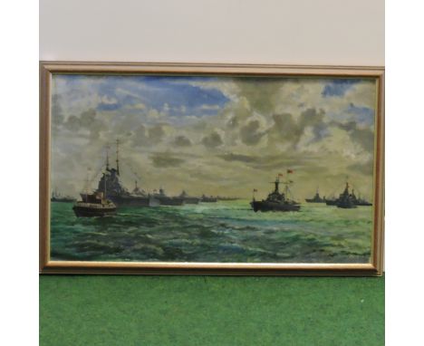 Manner of Norman Wilkinson (1878-1971), a flotilla of naval vessels off the coast, oil on canvas, 35 x 60cm