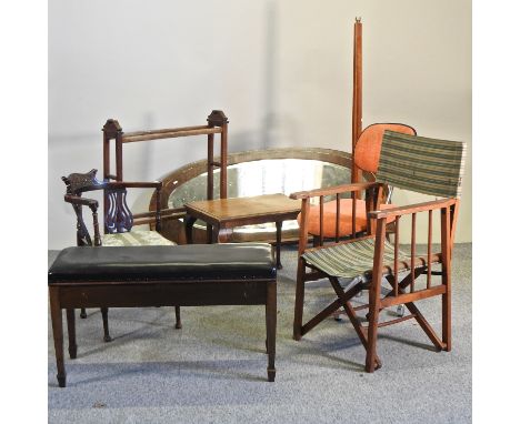 A Victorian mahogany corner armchair, together with an Edwardian piano stool, a towel airer, a coffee table, a mirror, a stan