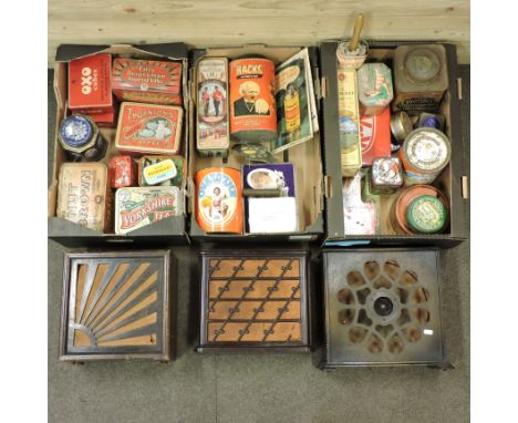 A collection of vintage advertising tins, together with three vintage speakers, largest 32cm high