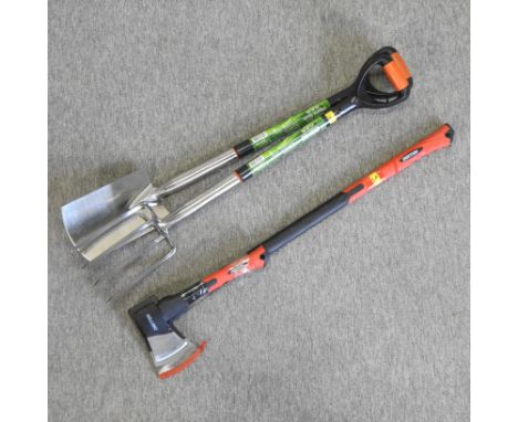 A stainless steel garden fork and spade set, together with an axe