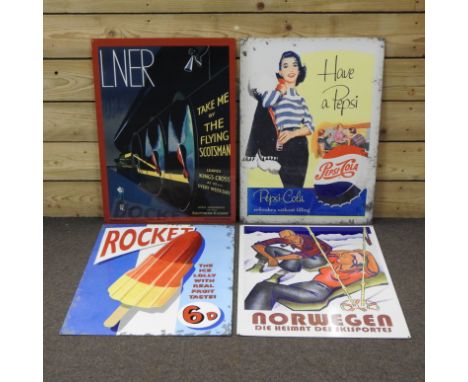 A vintage style metal advertising sign, 70 x 50cm, together with three others