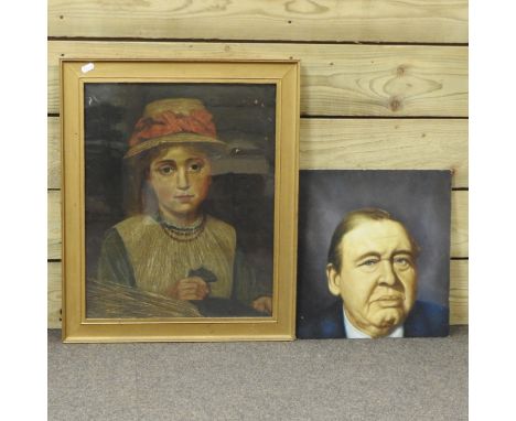 English School, early 20th century, portrait of a young girl, oil on board, 49 x 39cm, together with a portrait of Charles La