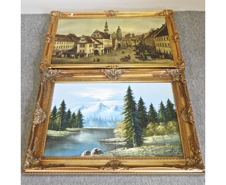 Canadian School, 20th century, mountain landscape, signed oil on canvas, 60 x 92cm, together with a framed print of a townsca