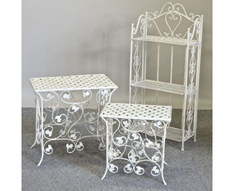 A white painted metal side table, 57cm, together with another smaller, a folding metal shelf and a white painted metal hat st