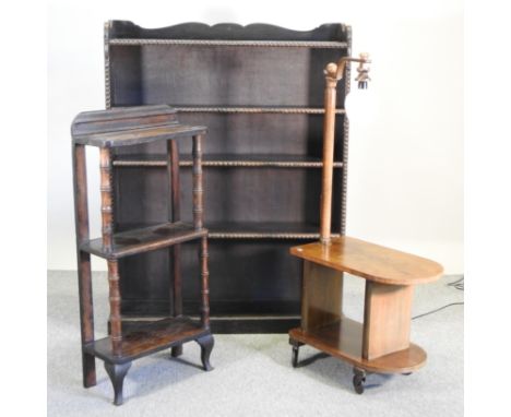 A 1930's walnut table lamp, together with an oak open bookcase, 104cm, and an oak whatnot