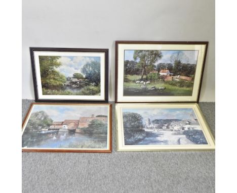 Clive Madgwick, Flatford Mill 59 x 79cm, print, together with three various prints, views of Suffolk and Richard Almer, 20th 
