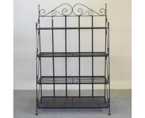 A black painted metal folding garden shelf, 114cm