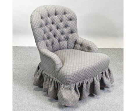 An Edwardian blue and pink upholstered button back nursing chair 