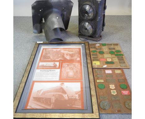 A vintage railway light, 75cm high, together with a poster, framed, and two plaques of steam rally badges