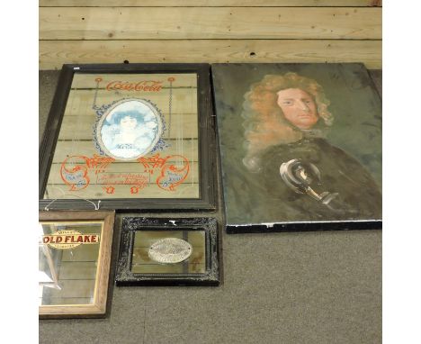 A Coca-Cola advertising wall mirror, 91 x 66cm, together with two tobacco advertising mirrors and a portrait of a gentleman (