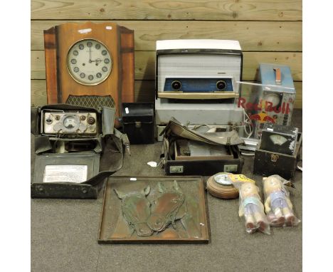 Three boxes of scientific instruments, together with a Soviet wall clock and a barometer