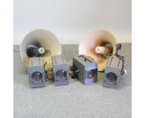 A collection of four spotlights, together with a pair of vintage enamel speakers, 51cm diameter (6)
