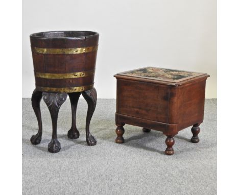 A coopered wine cooler on cabriole legs, 68cm high, together with a Victorian mahogany commode, 46cm