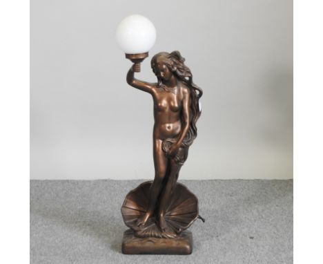 A bronze effect figural table lamp, in the form of Venus, 93cm high