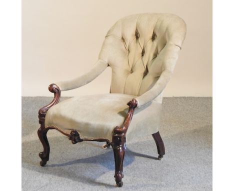 A 19th century mahogany green button back open armchair, on cabriole legs