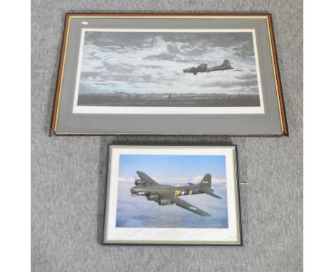 A signed print of a B-17, Castle in the Clouds, together with another, On Final Approach, Framlingham 43 x 78cm