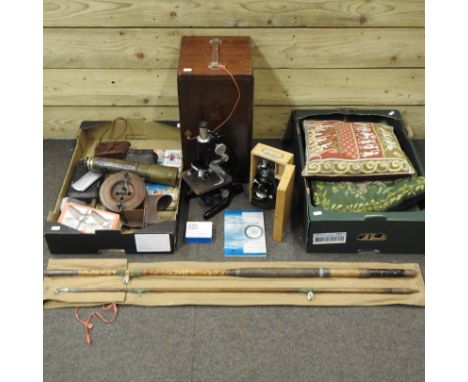 A collection of items to include a 19th century four drawer telescope, by Ross, London, and a microscope, together with fifte