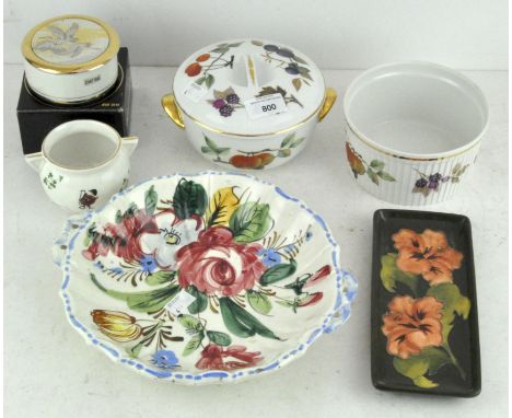 A Moorcroft dish pin dish of rectangular form, 21cm wide; together with other ceramics, including  Royal Worcester