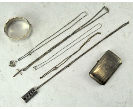 Assorted silver jewellery, including an Ingot on chain and a bangle; together with an EPNS cigarette case
