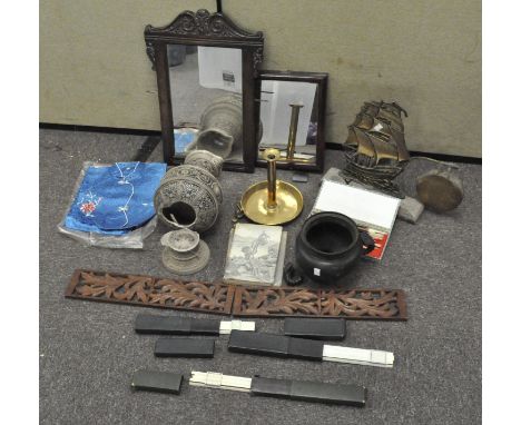 A pair of wooden framed mirrors, one with carved details, together with two extendable rulers, a brass candlestick, large pot