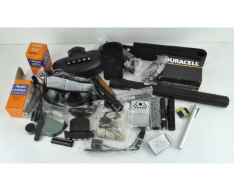 Assorted torches, glasses, a Cree T6 X-110 torch, a Leupold sportsman compass, a Jon-E handwarmer and more