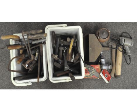 Two boxes of wooden and metal tools, including saws, drills, clamps and more