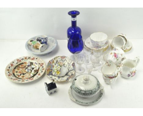 A Royal Crown Derby part tea service with floral decoration, together with a Bristol blue glass circular rimmed vase, selecti