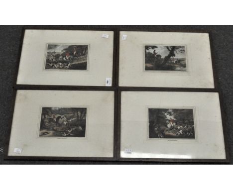A set of four Samuel Howitt engravings featuring fox hunting, 12cm x 17cm, framed and glazed