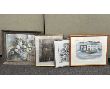 Four assorted pictures, to include a pastel sketch of trees. two watercolours featuring flowers and a print