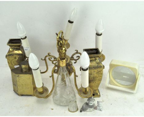 A five branch brass chandelier, together with a pair of oriental vases on square bases and a tea caddy