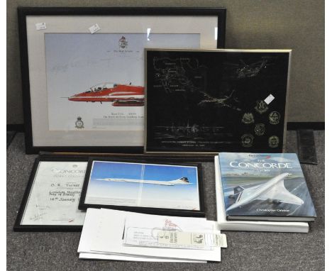 The Red Arrows 1965-1990 Aerobatic team print signed by the 1990 team, and a small collection of Concorde memorabilia and oth