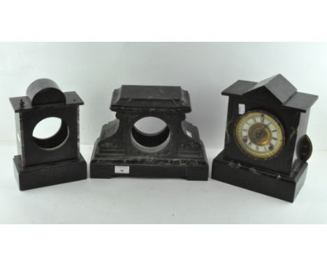 Three slate and marble inlaid part mantel clocks, one with gilt circled dial with Roman numerals denoting hours, the others l
