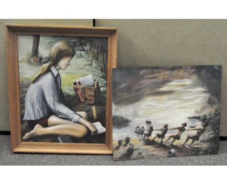 Oil on board, Girl Reading in Garden, 20th century School, framed; together with a Seascape and a portrait of a Lady (2)