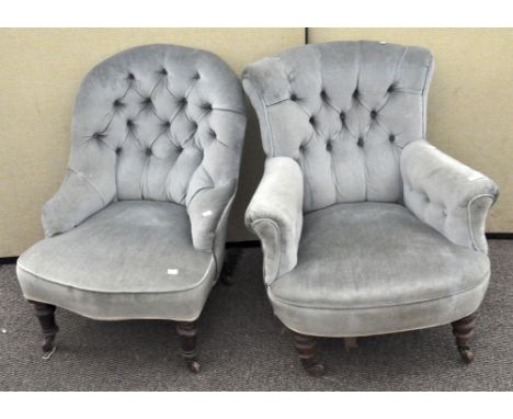 Two Victorian button back chairs with light blue velour upholstery, 78cm high and smaller (2)