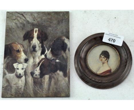 A watercolour on paper circular portrait miniature featuring a young woman, unsigned, framed and glazed, diameter 6cm, togeth