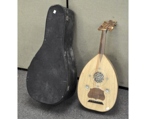 A 20th century lute, with inlaid detailing to the reverse, cased 