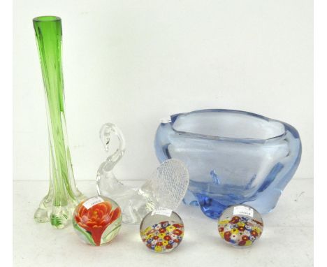 A selection of glassware, including three paperweights (unsigned), a green vase, blue bowl and a model of a swan