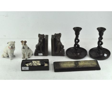 A selection of assorted collectables, to include a pair of barley twist candle sticks, a brass mounted cribbage board, a pair