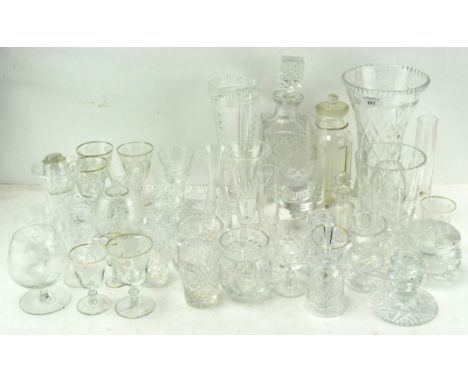 A lead crystal cut glass square decanter and stopper together with a quantity of other glassware, including wine glasses