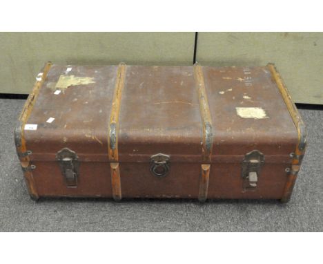 A 20th Century wood banded trunk with metal fittings and clasp, height 30cm, width 92cm, depth 50cm