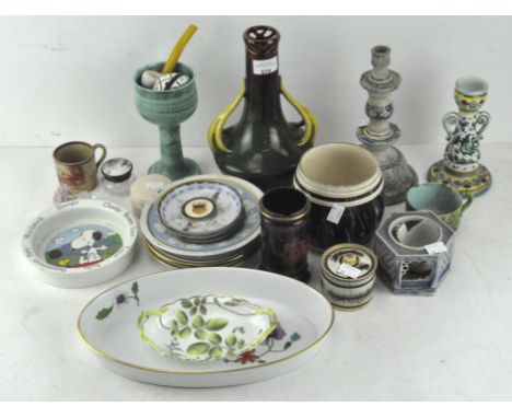 A parcel of ceramics, to include a Snoopy child's plate, meerschaum pipe, Continental candlesticks and more