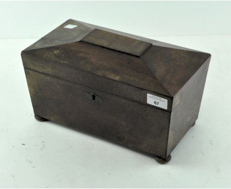 A Victorian oak tea caddy, raised on bun feet with a brass lock, 31cm wide