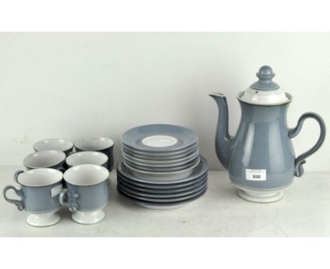 A Denby part coffee service for 6 people, comprising a coffee pot, cups and saucers and side plates, in white and blue glaze 