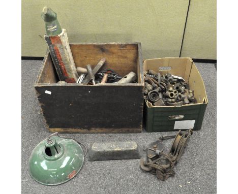 Two boxes of assorted metalware and tools, including a ceiling light with enamel shade, Halfords pouring jug, metal bar and m