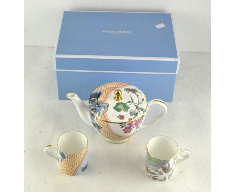 A Wedgwood Butterfly Bloom teapot &amp; cover and two cups, boxed