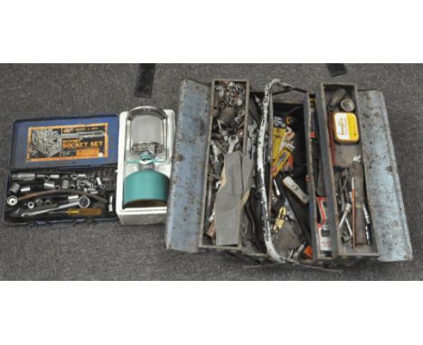 A quantity of assorted tools in a tiered tool box, together with a hanging lantern