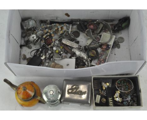 A box of costume jewellery and other items, miniature teapot and more