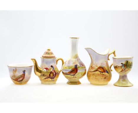 A group of ERB (E R Booth) Worcester, all pieces hand painted with pheasants and signed by E R Booth to include: egg cup, min