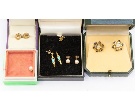 Four pairs of earrings including a pair of ruby and 9ct gold studs, total gross weight approx&nbsp; 1.9gms, a pair of 9ct gol