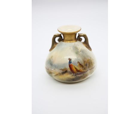 A Royal Worcester globular two handled vase, shape no: 155 / H, the body painted with a pair of Pheasants, signed by James St